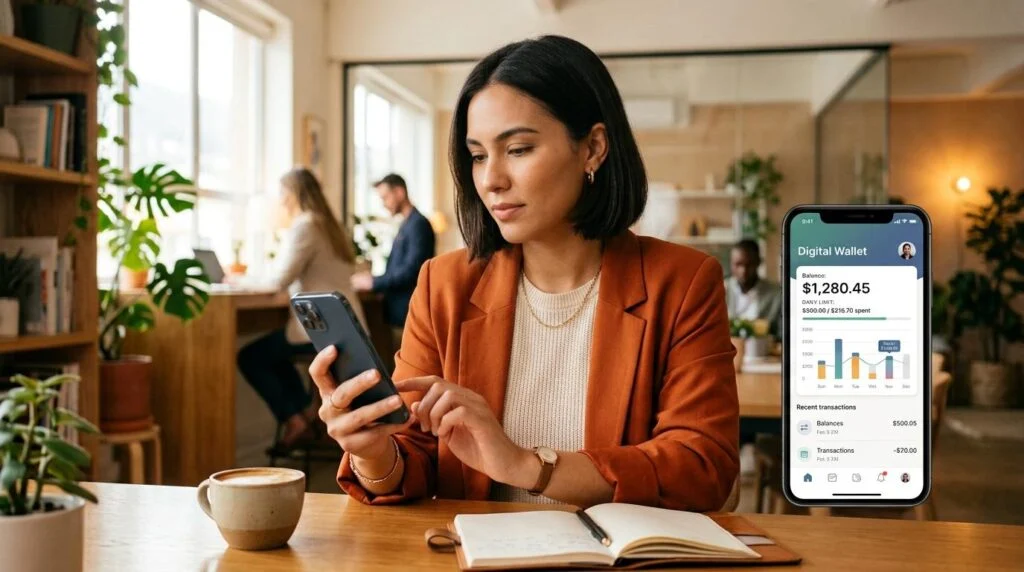 Persona revisando los límites de su cartera digital en un teléfono celular mientras consulta información sobre comisiones