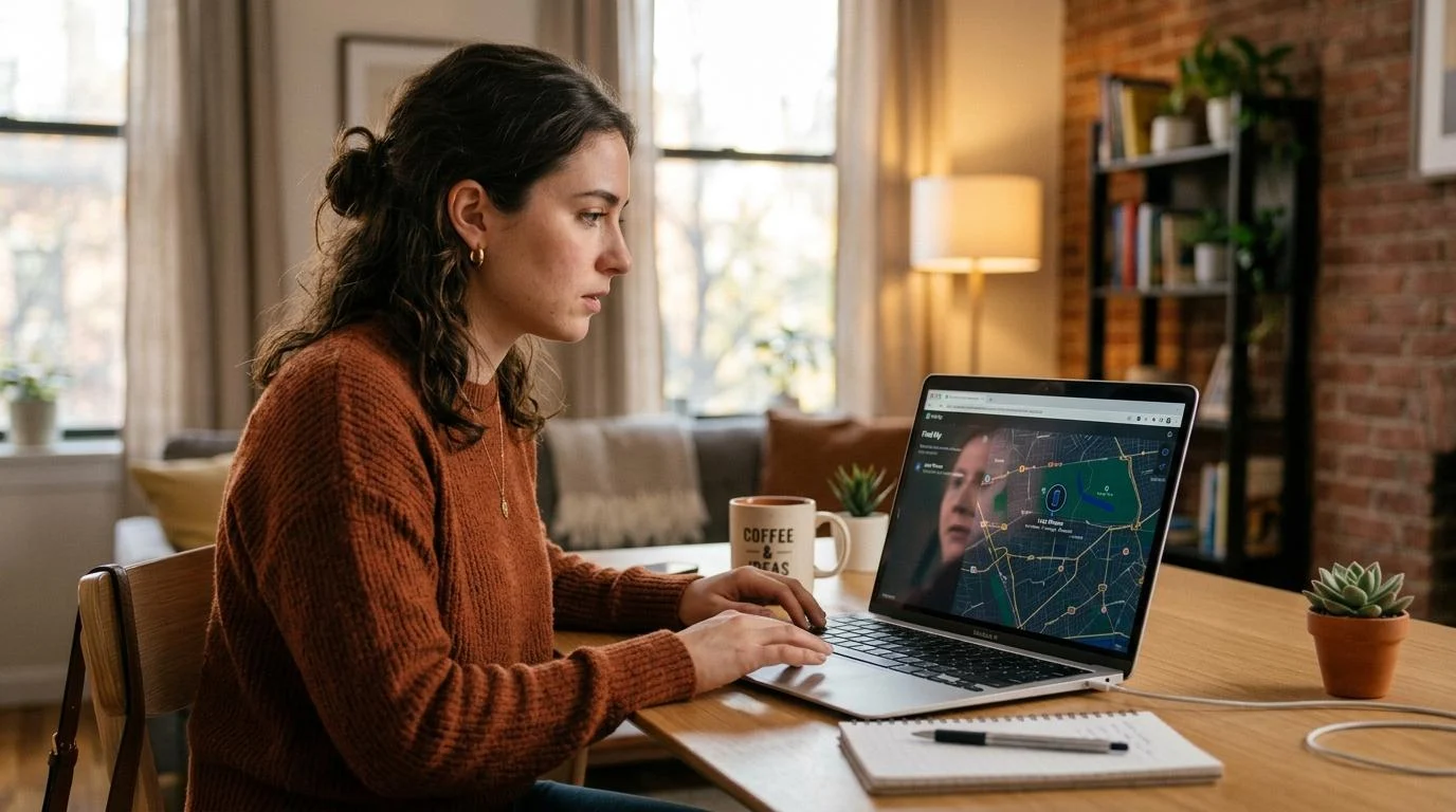 Mujer joven usando una computadora portátil para rastrear o bloquear remotamente su teléfono perdido, con un mapa de localización reflejado sutilmente