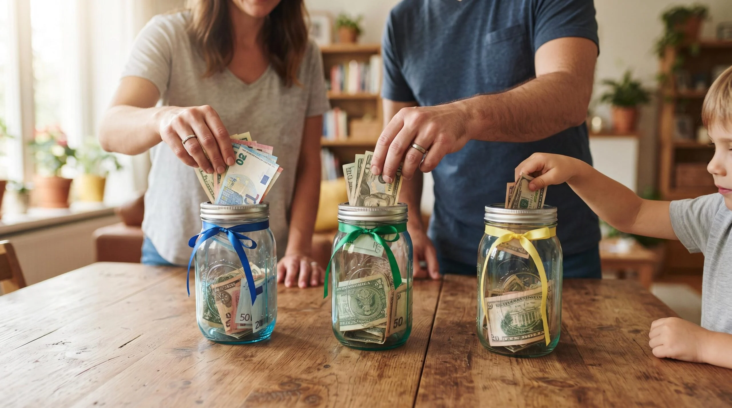 Tres personas meten billetes de diferentes monedas en frascos de vidrio decorados con cintas de colores sobre una mesa de madera rústica