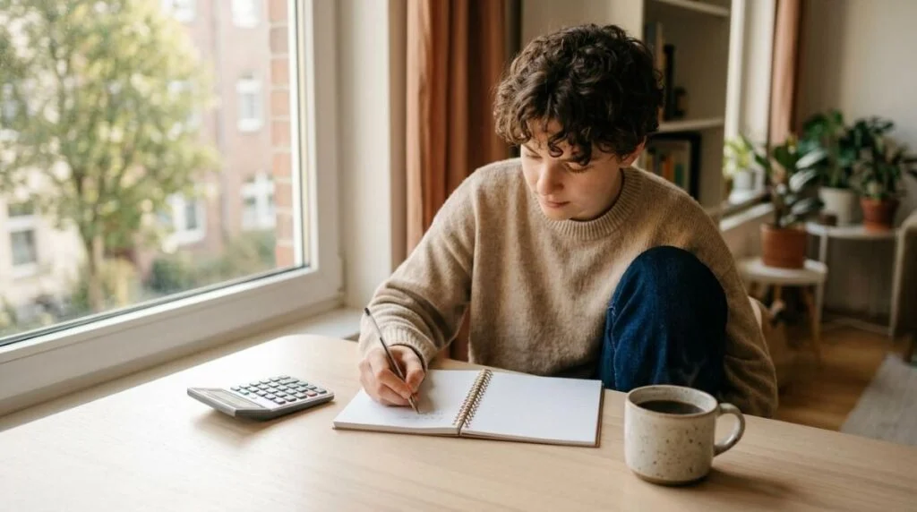 Persona escribiendo en un cuaderno su plan de ahorro para un gasto grande previsible como una boda o un auto