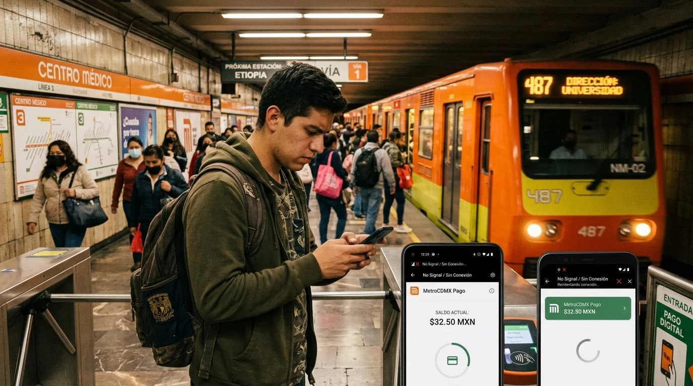 Joven sosteniendo su celular en el metro de la Ciudad de México con poca señal, revisando su cartera digital antes de abordar, con iluminación cálida