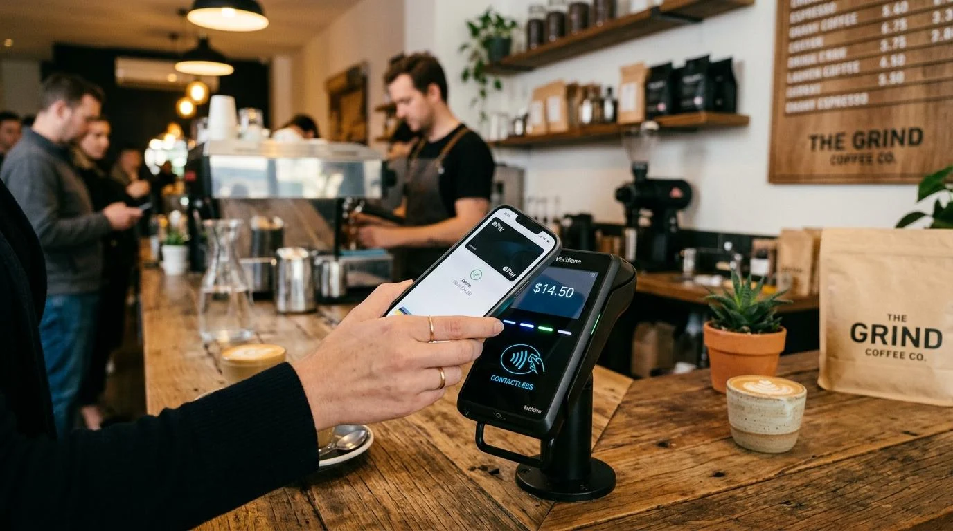 Un teléfono inteligente acercándose a una terminal de pagos NFC en el mostrador de una cafetería moderna para realizar una compra, enfoque en la trans