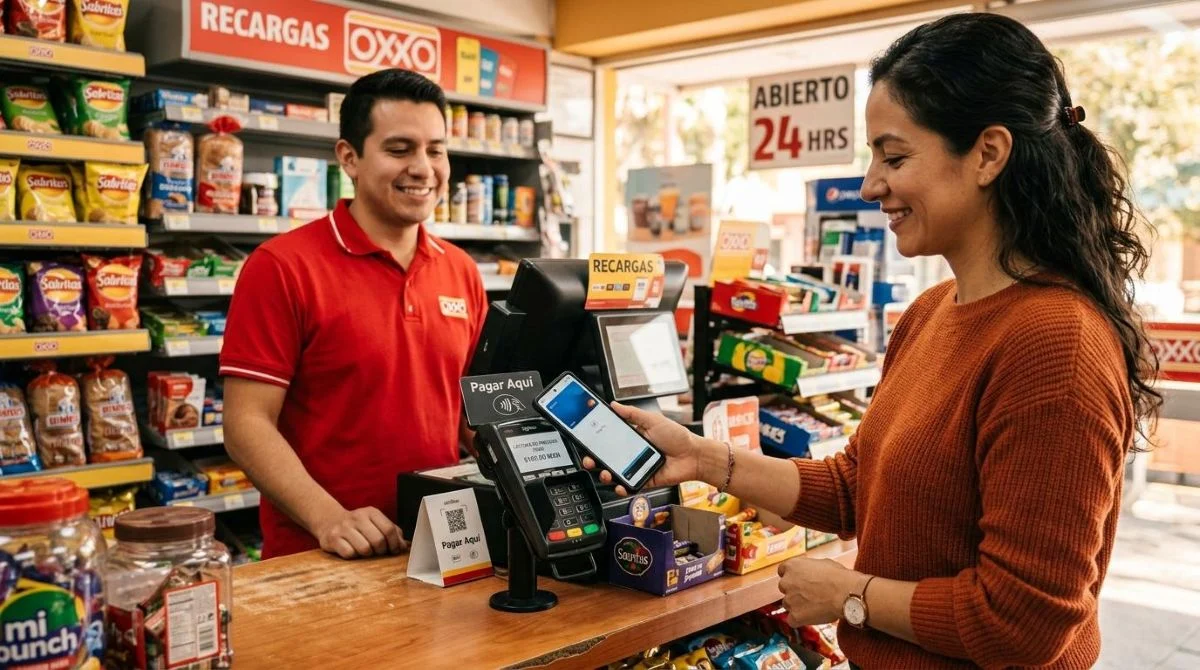 Cliente acercando su celular a una terminal de pago sin contacto en el mostrador de una tienda de conveniencia mexicana, con tonos cálidos