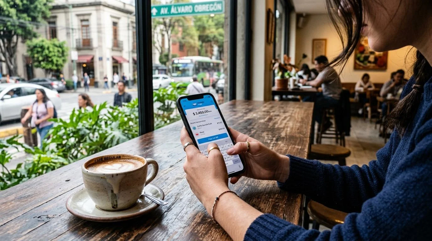 Manos de una persona joven escribiendo en un smartphone con una aplicación de billetera digital abierta, sentada en una cafetería contemporánea de la