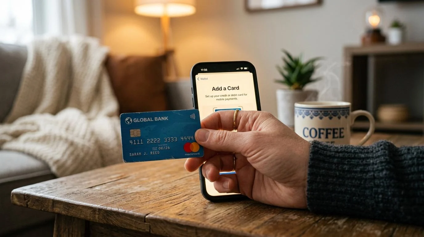 Primer plano de una mano sosteniendo una tarjeta bancaria física junto a un teléfono inteligente, con la pantalla iluminada en un entorno hogareño aco
