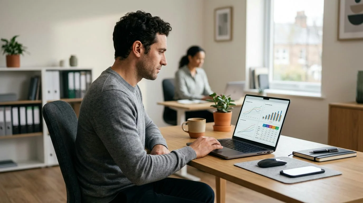 Persona sentada frente a una laptop mostrando gráficos, con otra persona trabajando al fondo en un escritorio