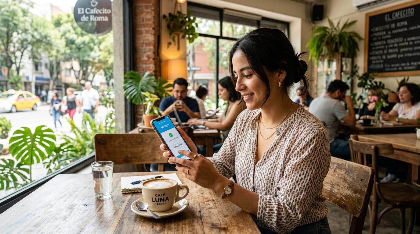 Una mujer realiza una transferencia desde su teléfono móvil mientras está sentada en una cafetería moderna de Ciudad de México, con una taza de café s