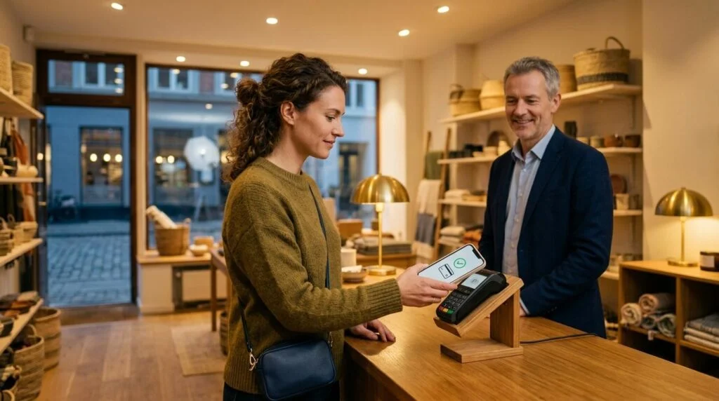 Persona revisando la configuración de pagos internacionales en su cartera digital desde un teléfono inteligente